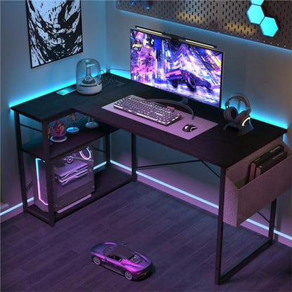 TIQLAB Small Computer Desk with Power Outlets, 40 Inch L Shaped Desk with Reversible Shelves, Gaming Desk Corner Desk Study Writing Table for Home Office Bedroom Living Room, Black - WoodArtSupply