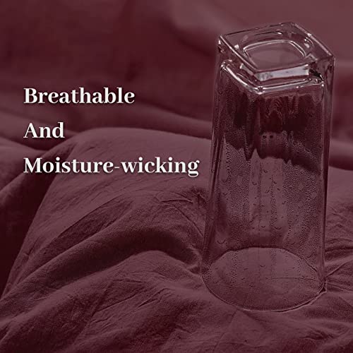 NEXHOME PRO Duvet Cover Set Queen Size Linen Look Textured 100% Washed Cotton Duvet Cover Burgundy Dark Red 3 Pieces Bedding Set with Zipper Closure,Breathable, Soft Organic Natural(No Comforter) NEXHOME PRO
