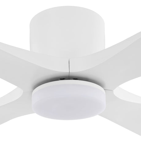 WINGBO 54 Inch Flush Mount DC Ceiling Fan with Lights and Remote, 4 Reversible Carved Wood Blades, 6-Speed Noiseless DC Motor, Hugger Ceiling Fan in Gloss White with White Blades, ETL Listed WINGBO