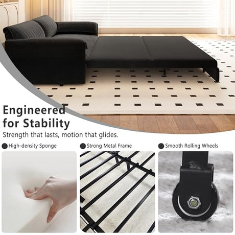 UPYOOE 63.8" Futon Sofa Bed Queen Size, Pull Out Bed, 3-in-1 Convertible Sleeper Sofa with Side Pocket, Modern Velvet Futon Couch for Living Room, Small Space, Apartment, Bedroom, Black UPYOOE