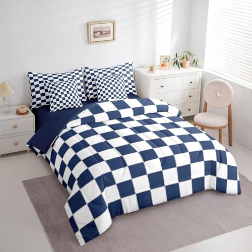 Erosebridal White Blue Plaid Full Comforter Set with Sheets 7 Piece Navy Blue Checkerboard Bedding Set for Kids Boys Teen,Checkered Grid Bed in A Bag Modern Aesthetic Geometric Bed Set Erosebridal