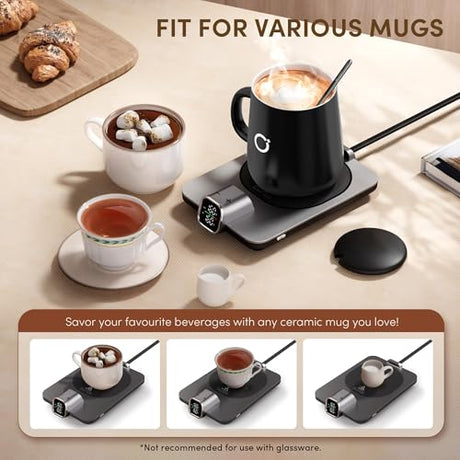 Coffee Mug Warmer & iKago Mug Set, Accurate Temperature Control Smart Heated Mug for Desk, Electric Coffee Warmer with Auto Shut Off & Real-Time Temp Display, Gifts for Men Women, 15oz Ceramic Mug Ikago