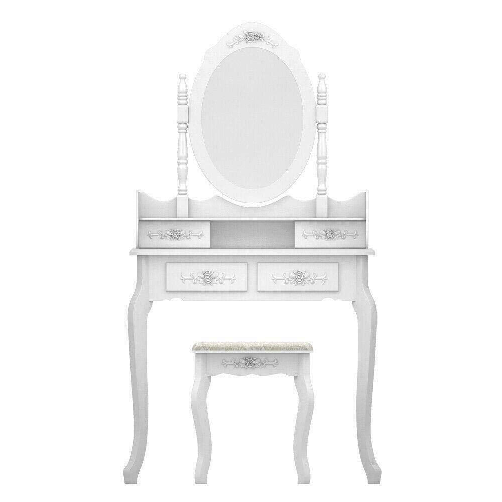 White Vanity Jewelry Makeup Dressing Table Set W/Stool 4 Drawer Mirror Wood Desk - WoodArtSupply