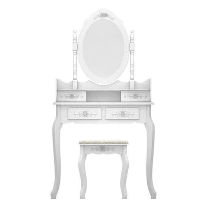 White Vanity Jewelry Makeup Dressing Table Set W/Stool 4 Drawer Mirror Wood Desk - WoodArtSupply