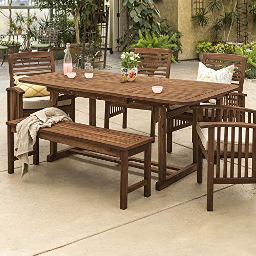 Walker Edison Maui Modern 6 Piece Solid Acacia Wood Slatted Outdoor Dining Set, Set of 6, Dark Brown Walker Edison