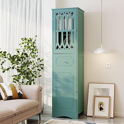 Merax Tall Storgae Cabinet Linen Tower with Adjustable Shelf, Drawer and Door, Freestanding Cupboard for Home, Kitchen or Living Room, Green - WoodArtSupply