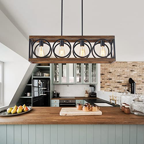XINGQI Black Kitchen Island Light Fixtures, Farmhouse Dining Room Chandelier Rectangular Linear Chandeliers Pendant Ceiling Light Fixture for Bar Office Coffee Shop 4-Light Wood Grain XINGQI
