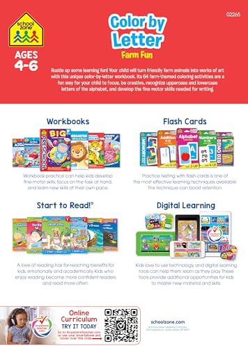 School Zone Color by Letter Farm Fun Workbook: 64 Pages, Preschool, Kindergarten, 1st Grade, ABC's, Alphabet, Color Skills, Coloring, Matching, Farm Animals, Ages 4-6 (Activity Zone Book Series) School Zone