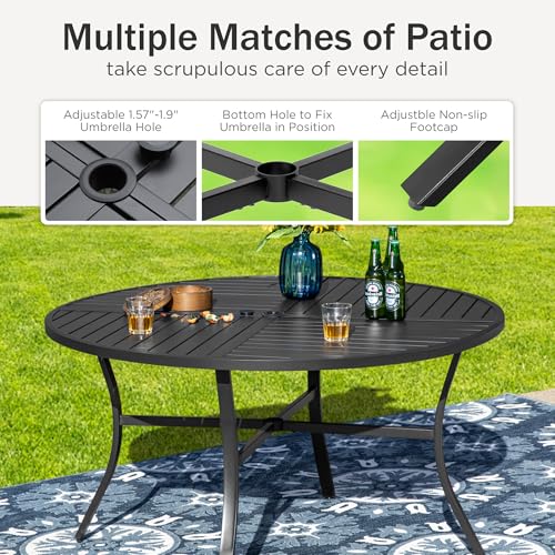 PHI VILLA Round Patio Dining Set for 4 Person, 42'' Round Metal Slat Table with Umbrella Holes and 4 High Back Fixed Chairs All Weather Outdoor Table and Chairs Set for Deck Garden Yard PHI VILLA