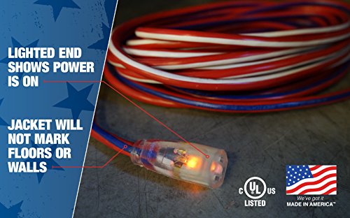Southwire Heavy Duty Extension Cord, 50Ft, 12 Gauge, 3 Conductor, Outdoor Cord, Lighted End, SJTW, Red/White/Blue, 2548SWUSA1 Southwire