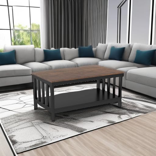 ChooChoo Farmhouse Coffee Table, Black Living Room Table with Shelf, 40 Inch ChooChoo