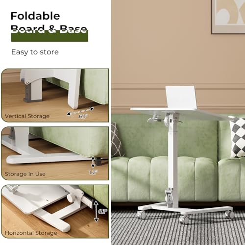 Gibbon Mounts Foldable Standing Desk，Small Mobile Sit-Stand Desk with 90 Tiltable Top，Rolling Rising Laptop Workstation Adjustable Height，Portable Table on Hidden Wheels/4 Lockable Casters，White Gibbon Mounts
