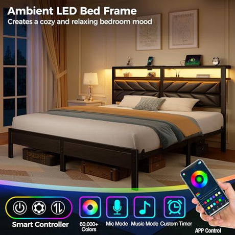 Seventable King Size Bed Frame with Charging Station & LED Lights, Upholstered Headboard with 2-Tier Storage Shelves, Metal Platform with Under Bed Storage, No Box Spring Needed, Easy Assembly, Black Seventable