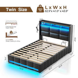 Rolanstar Bed Frame Twin Size with Lift Up Storage, Charging Station & LED Lights, Upholstered Storage Headboard, Heavy Duty Wooden Slats, No Box Spring Needed, Noise Free, Easy Assembly, Black Rolanstar