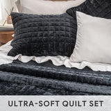 RECYCO Luxury Velvet Quilt Set King Size Bedding Sets, Ultra Soft Velvet Comforter Set, Lightweight Channel Box Stitch Oversized Bedspread Coverlet for All Season, with 2 Shams, Black RECYCO