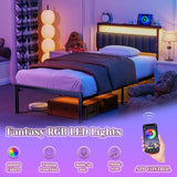 Woanke Twin Bed Frame With Headboard Upholstered, Twin Frame with LED & Charging Station, Twin Metal Bed Frame Assemble Easily, Noise-Free Bed Frame Twin, Black Twin Bed Frames for Kids & Adults,Black Woanke