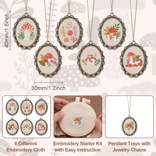 INFUNLY 6 Sets DIY Mushroom Necklace Embroidery Kit for Adult Beginner Embroidery Pendant Kit Mushroom Theme Embroidery Stitching Necklace Kit Cross Stitch Kits with Instructions for Women Gift