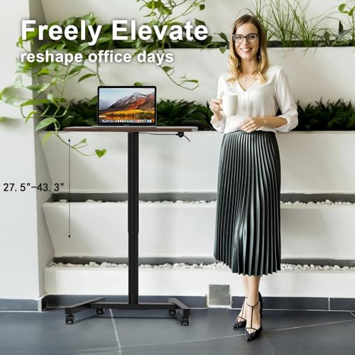 MPETAPT 28-Inch Mobile Standing Desk, Adjustable Computer Desk, Portable Standing Desk with Lockable Wheels, Rolling Table for Home Office Classroom Hospital (Walnut) MPETAPT