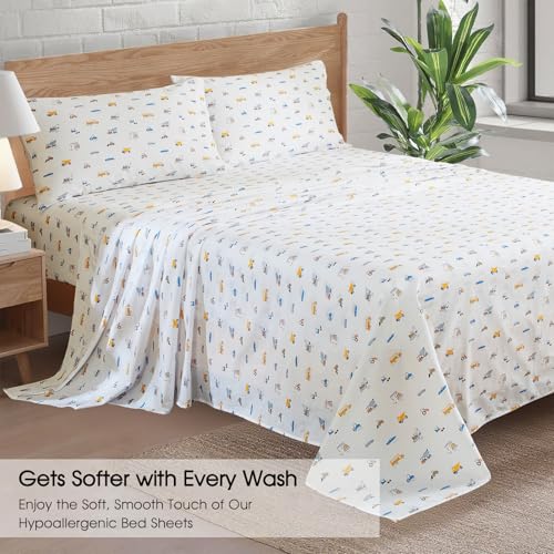 Ivellow 100% Cotton Sheets Queen Size Set 4 Pieces Soft Breathable Durable Lightweight Crispy Percale Bed Sheets 16" Deep Pocket Excavator Car Patterned Sheets White Kids Queen Sheet Set Ivellow