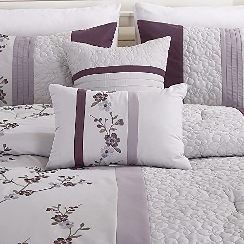 Chezmoi Collection Linnea 7-Piece Luxury Purple Lavender Gray Cherry Blossom Floral Embroidery Comforter Set, Queen Chezmoi Collection