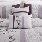 Chezmoi Collection Linnea 7-Piece Luxury Purple Lavender Gray Cherry Blossom Floral Embroidery Comforter Set, Queen Chezmoi Collection