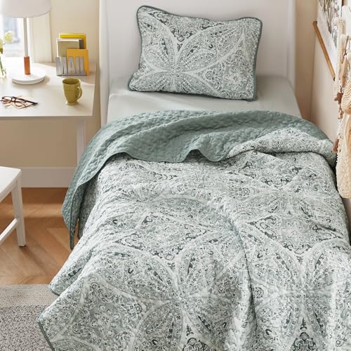 Comfort Spaces Boho Quilt Set Twin Reversible Vermicelli Quilting Twin Size Bed, All Season, Lightweight, Coverlet Winter Layer Bedding, Shams, Gloria, Twin/Twin XL Green 2 Piece Comfort Spaces