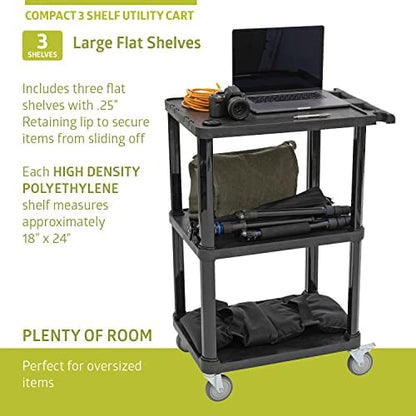 Pearington 3-Tier Compact Multi-Purpose Plastic Utility Cart with Lockable Wheels up to 300LBS, Black - WoodArtSupply