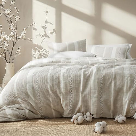 Bedsure Waffle King Size Comforter Set - Linen Soft Cotton Bedding Set for All Seasons, Stripe Fluffy Bed Set 3 Pieces with 1 Waffle Weave Comforter King Size and 2 Pillow Shams Bedsure