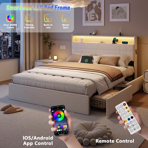 Forestell Queen Bed Frame with 4 Drawers and Storage Headboard, Upholstered Platform Bed Frame Queen Size with LED Lights and Charging Station, Metal Slats Support, No Box Spring Needed, Beige Forestell