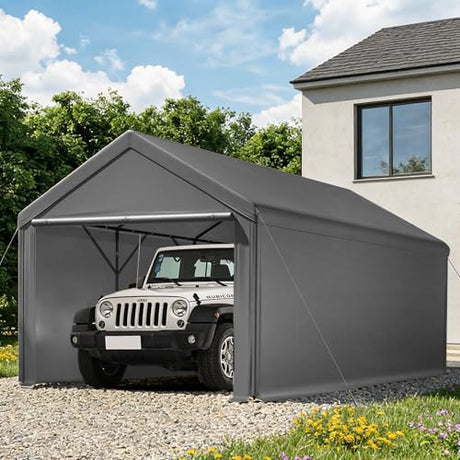 Carport, 10x20ft Heavy Duty Car Port, Portable Garage with Removable Sidewalls & Doors, Carports Canopy Car Shelter with Waterproof Tarp for Car Boat Truck Party (Grey, 10x20 with sidewalls) TANGJEAMER