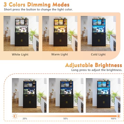 Gurexl 64" Farmhouse Kitchen Pantry with Auto Sensor LED,Storage Cabinets with 2 Outlets for Microwave & USB-C Ports,Hutch Cabinet with Pegboard,2 Cabinet,2 Drawers,1 Large Countertop Gurexl