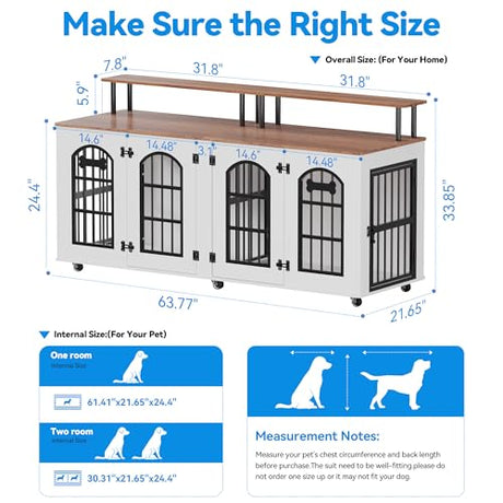 Petrova 63" Dog Crate Furniture for 2 Dogs, Heavy Duty Indoor Dog Kennel for Medium/Large Dogs, Wooden Dog Cage with Removable Divider, 6 Lockable Wheels, Storage Compartment, White Petrova