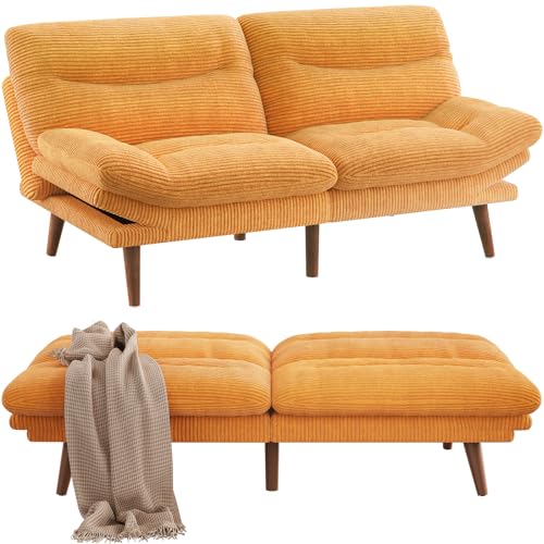 Pipishell Futon Sofa Bed, Modern 66" Futon Couch Convertible to Bed & Lounger, Compact Size, Corduroy Loveseat, Durable Construction - Fits Small Spaces, Apartments,Study Room (Yellow, 66 Inch) Pipishell