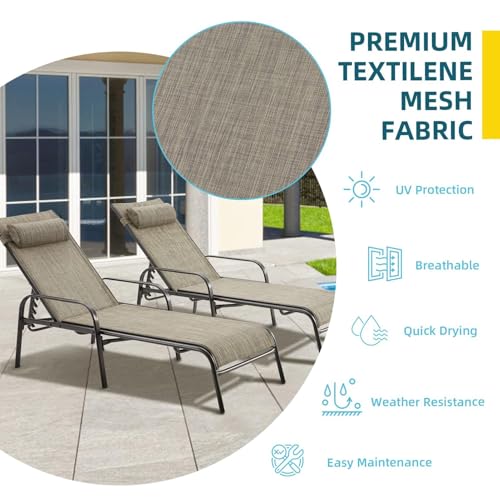 EROMMY Patio Lounge Chairs Set of 2, All-Weather Waterproof Upgraded Outdoor Pool Chaise Lounge Chairs with Adjustable Backrest for Beach Yard Poolside