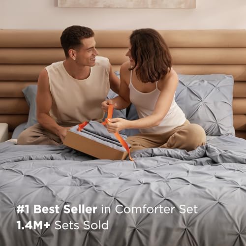 Bedsure Queen Comforter Set Grey - Bed in a Bag Queen Size Bedding 7 Pieces, GentleSoft™ Pintuck Bed Set Gift for Family, Pinch Pleat All Season Comforter with Sheets, Pillowcases & Shams Bedsure