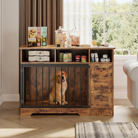 48'' Dog Crate Furniture, Farmhouse Heavy Duty Dog Kennel with Bowl & Storage Drawers, Medium Dog Cage End Table for Small Medium Dogs, Retro Brown GarveeLife