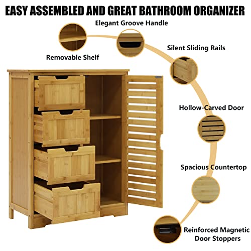 MUPATER Small Storage Cabinet Bamboo with 4 Drawers and 1 Cupboard, Freestanding Compact Floor Towel Cabinet Bamboo for Laundry Room, Entryway and Bedroom, Natural MUPATER