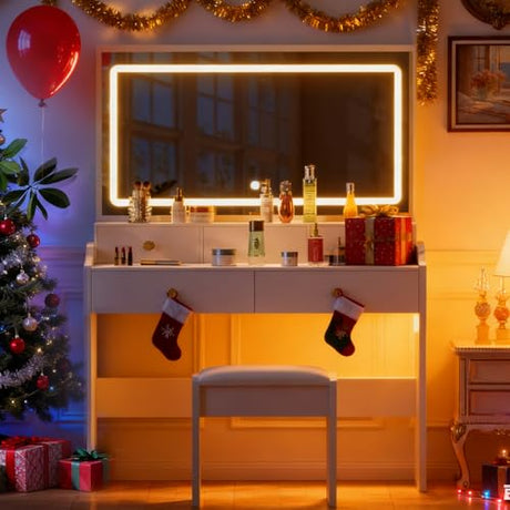 COMHOMA Makeup Vanity Desk with Mirror and Lights, Vanity Table and Chair Set with 5 Drawers and Charging Station, Bedroom Dresser LED Mirror Stepless Dimmable & 3 Color Modes Adjustable, Pearl White COMHOMA