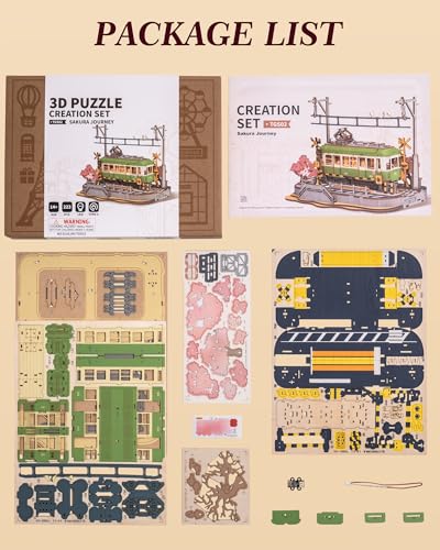 ROBOTIME 3D Puzzles for Adults DIY Model Building Toy with LED Light Wooden Craft Kits Diorama Tram Hobby for Kids Brain Teaser Gift (Sakura Journey) - WoodArtSupply