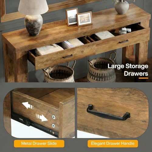 Tribesigns 63" Farmhouse Console Table with Drawers, Sofa Entryway Table for Hallway, Living Room, Countryside Narrow Console Furniture, Brown Tribesigns