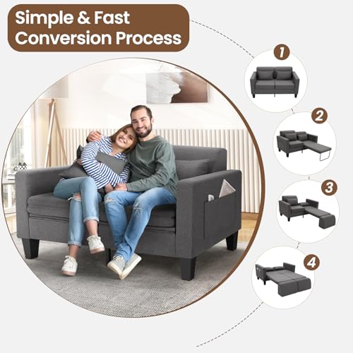 SEJOV 6-in-1 Convertible Sofa Bed, 58" Loveseat Sleeper Sofas with Pull Out Couch Bed, Removable Backrest, Storage Pockets and 2 Pillows, Modern Folding Linen Futon Couch for Small Spaces, Gray SEJOV