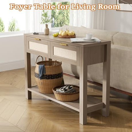 YUUIJOAA Boho Chic Console Table with 2 Rattan Drawers and Open Shelf Storage, Narrow Farmhouse Sofa Table for Small Space Entryway, Living Room,Hallway, Caramel Oak YUUIJOAA