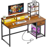 EnHomee 44 Inch Computer Desk with Hutch and Drawers,Reversible Home Office Desk with Monitor Shelf,Small Gaming Desks with USB Power Outlets,Writing Table for Office with LED Lights,Rustic Brown EnHomee