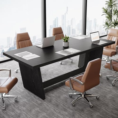 Tribesigns 6 FT Conference Table, 71” Rectangular Meeting Table for Office Conference Room, Large Executive Seminar Desk for 6–8, Heavy-Duty Business Boardroom Table with Wooden Pedestal Base, Black Tribesigns