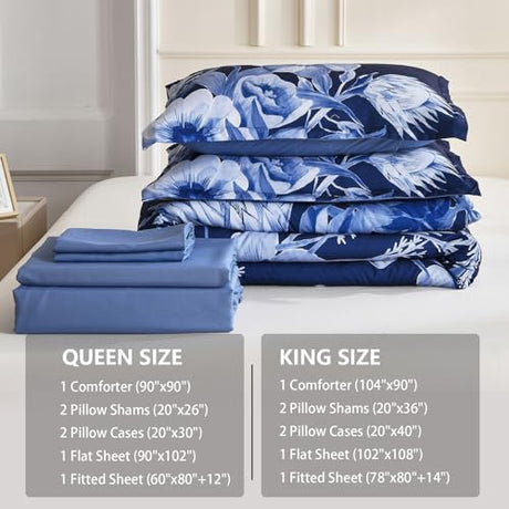 Luxudecor Floral Comforter Set King Size 7 Piece, Navy Blue Flower Bed in a Bag, Elegant Floral Comforter with Sheet Set, Soft Microfiber Bedding Set for All Season (Navy Blue, 104"x90") Luxudecor
