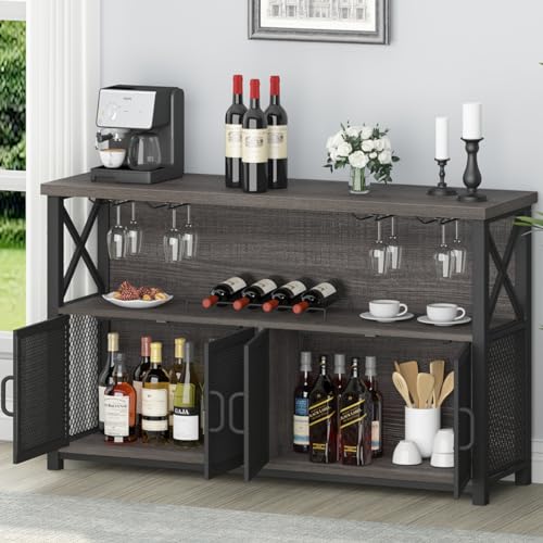 LVB Industrial Dark Gray Oak Wine Bar Cabinet with Storage Rack and Glass Holders LVB