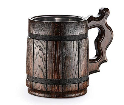 Etno Motif Handmade Wood Mug 20 oz Stainless Steel Cup Carved Natural Beer Stein Old-Fashioned Brown - Wood Carving Beer Mug of Wood Wooden Beer Tankard Capacity: 20oz (600ml) - Great Gift Id - WoodArtSupply