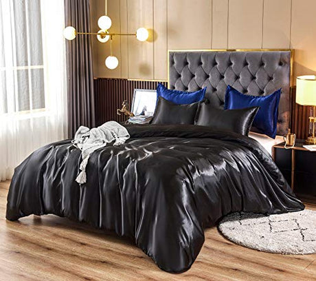 HOdo Home Satin Duvet Cover Twin Size, 3 Piece Silk Like Comforter Cover, Ultra Soft and Breathable Bedding Set with Zipper Closure & Corner Ties (Black) HOdo Home