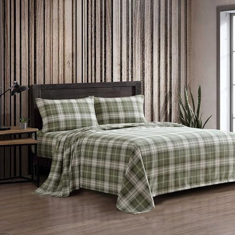 Eddie Bauer - Full Bed Sheets, Cotton Flannel Bedding Set with Matching Pillowcases, Brushed for Extra Softness, Deep Pocket, Oeko-Tex Certified (Heartland Plaid Green) Eddie Bauer