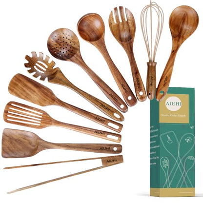 Natural Teak Wood Kitchen Utensils with Spatula and Ladle (10) - WoodArtSupply